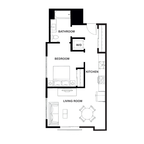 Floor plan for 1 bed, 1 bath, 657 sqft